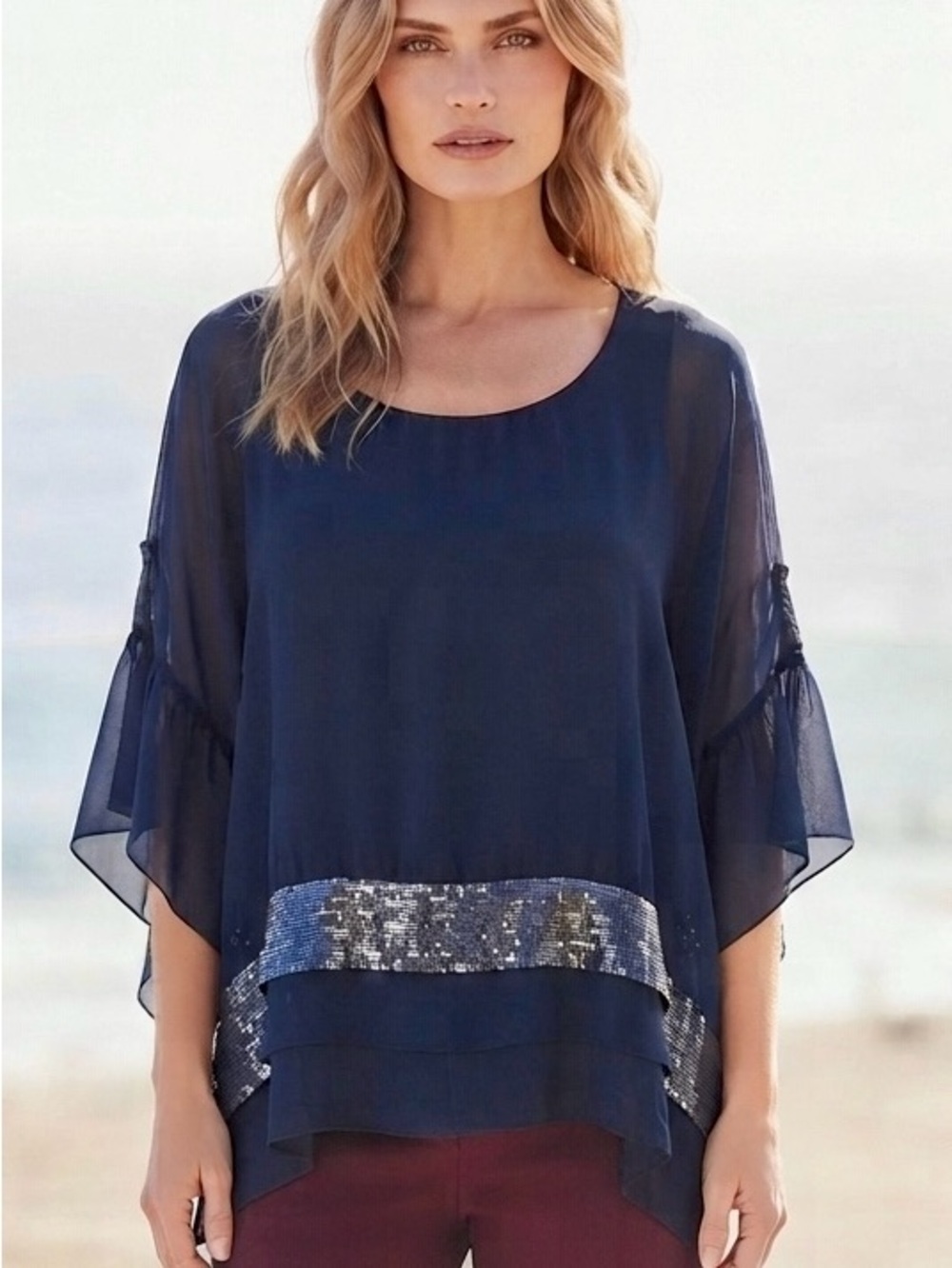 Navy Sheer BACI flowy Blouse with exquisite Sequin Trim